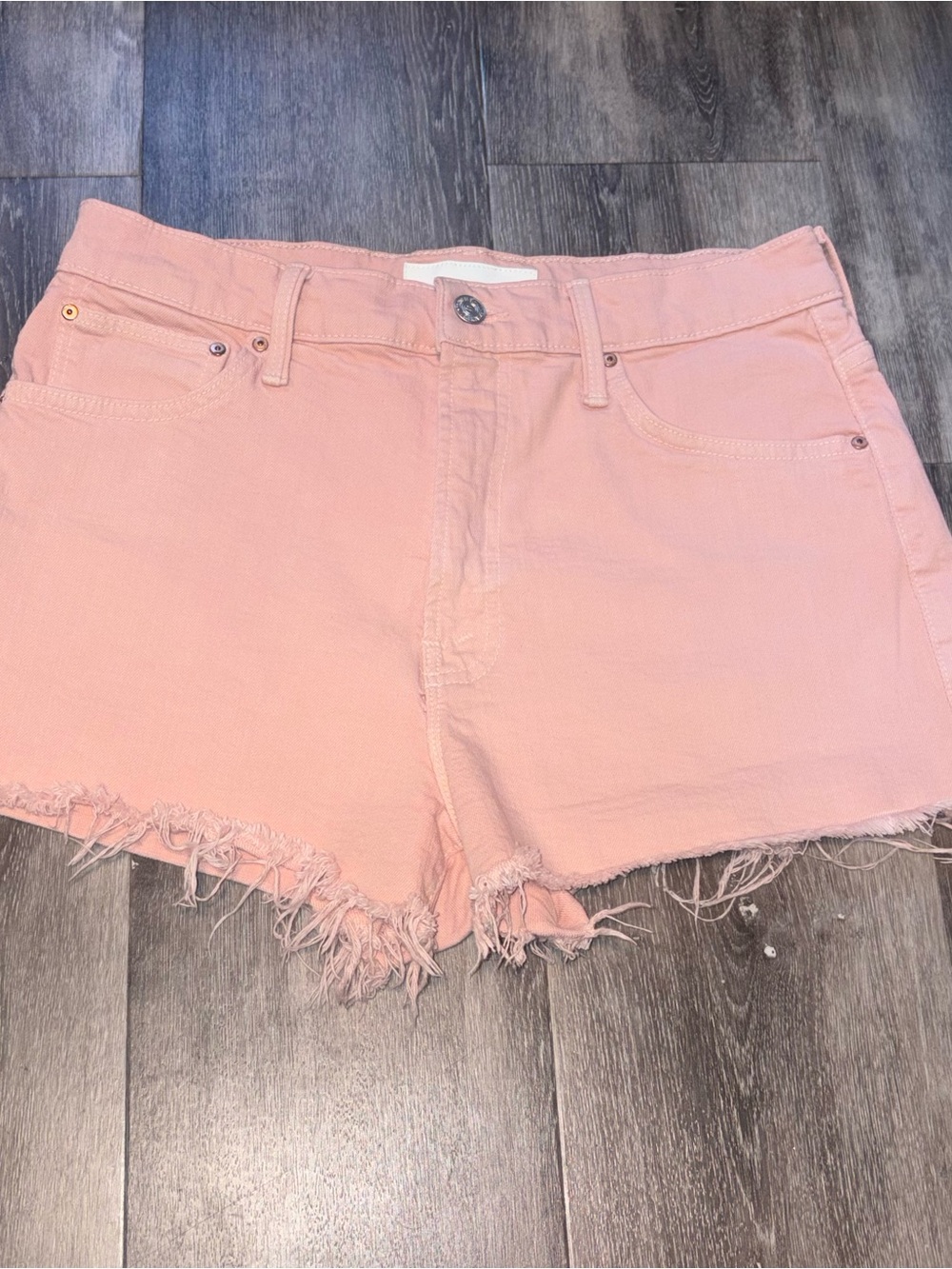 MOTHER Denim The Dodger Shorts Pink Coral Frayed Hem Denim Shorts